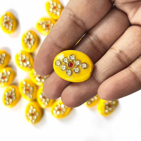 Yellow Color Oval Shape Beads With Kundan Work Pack Of 6